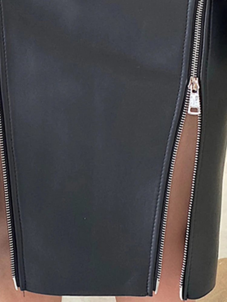 Soft Black Pu Leather Midi Double Slit Zipper Skirt - Bosom Blouse