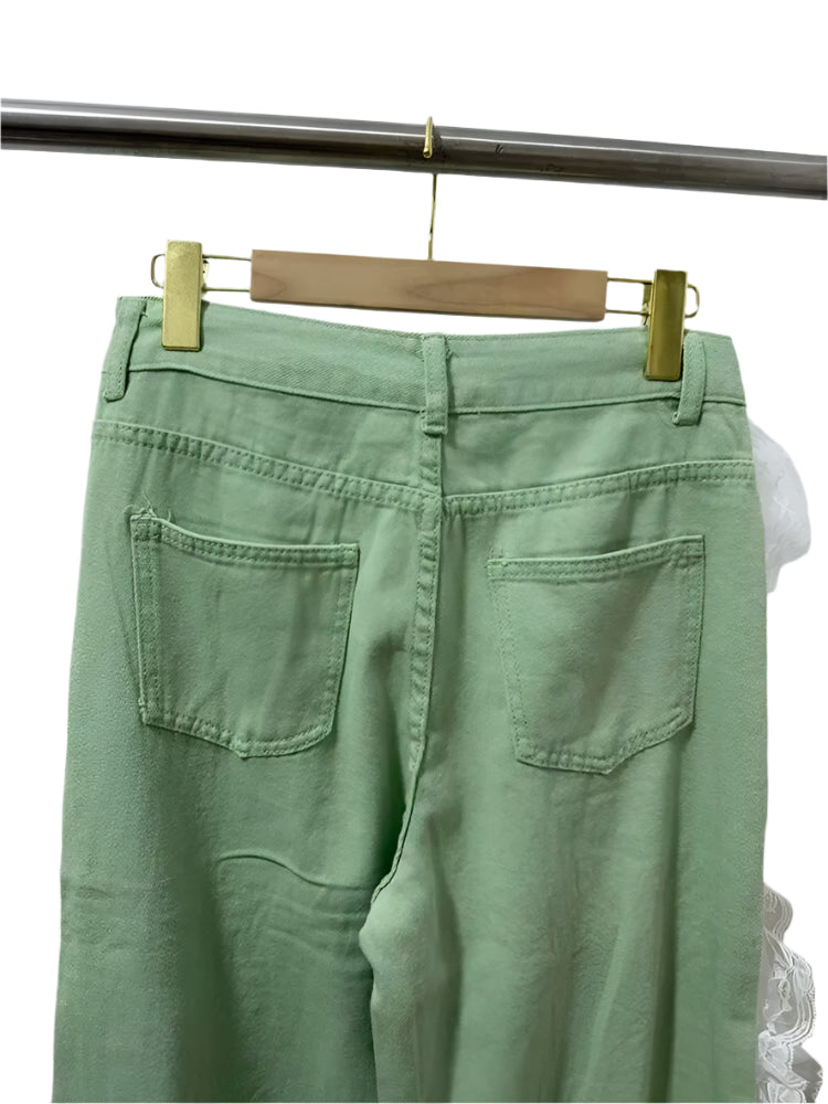 Broken Holes Denim Wide Leg Lace Flower Edge Jeans