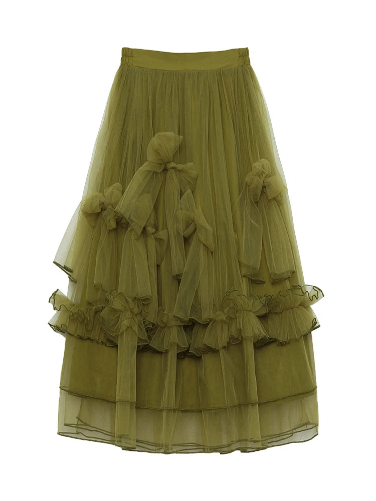 Mesh Elastic Waist Green Bow Skirt