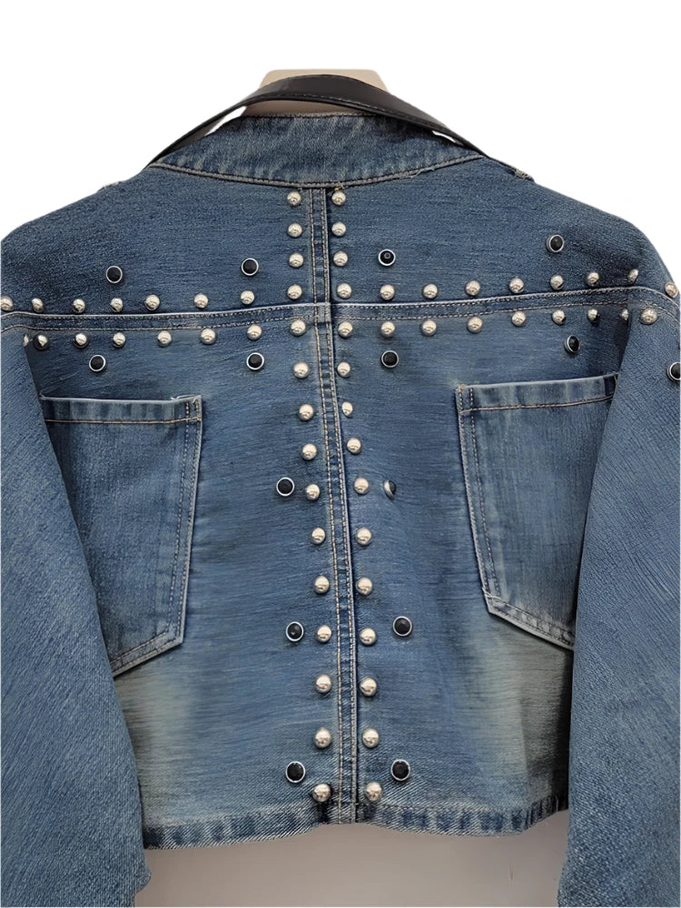 V-neck Leather Belt Short Denim Rivet Pearls Crop Jacket