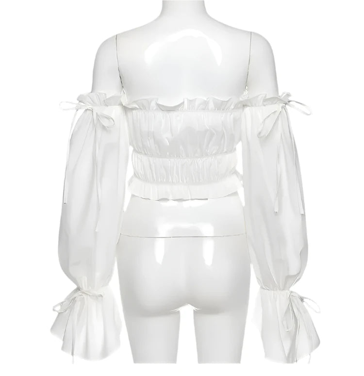 Crop Off Shoulder Long Sleeve White Ruffle Blouse - Bosom Blouse