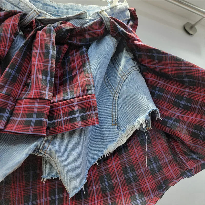 Fake Two-Piece Plaid Shirt Denim Shorts