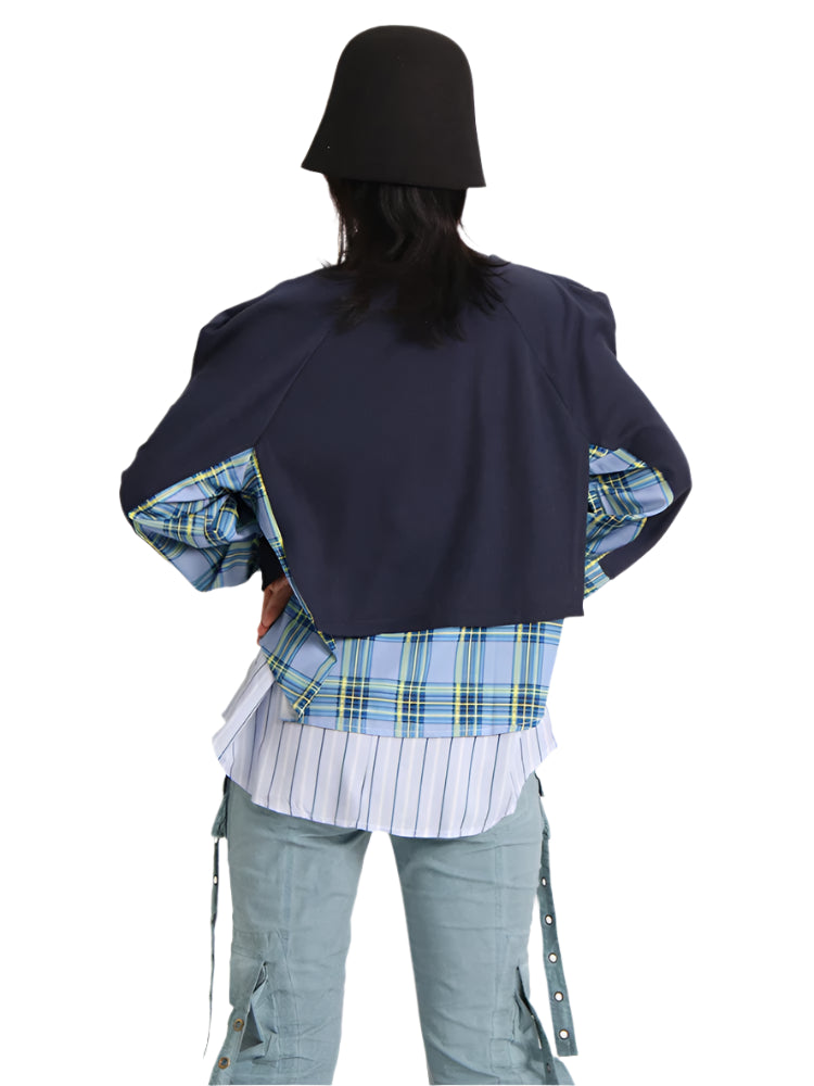 Patchwork Button Round Neck Long Sleeve Sweatshirt