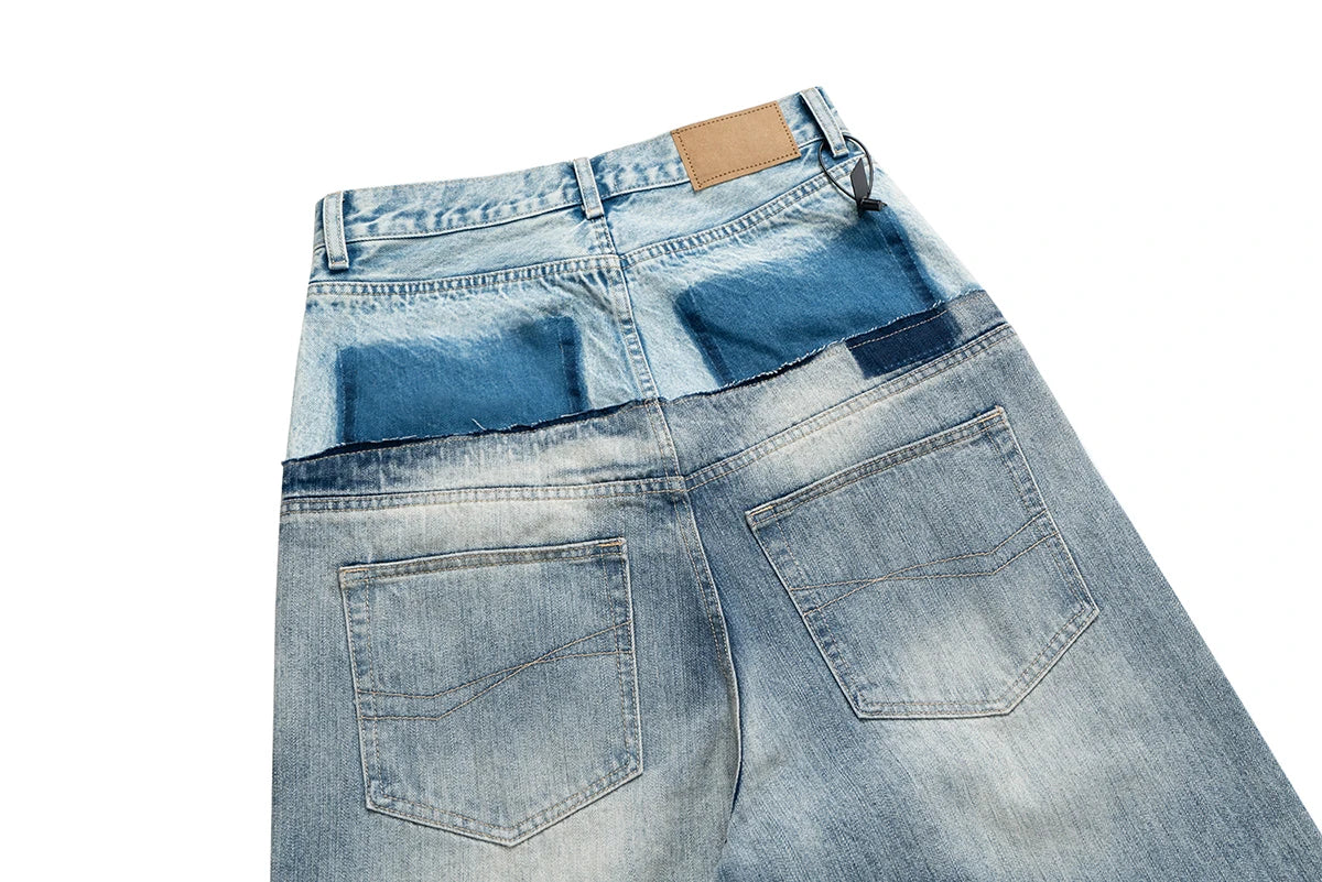 Double-layer Double Waist Patchwork Baggy Jeans