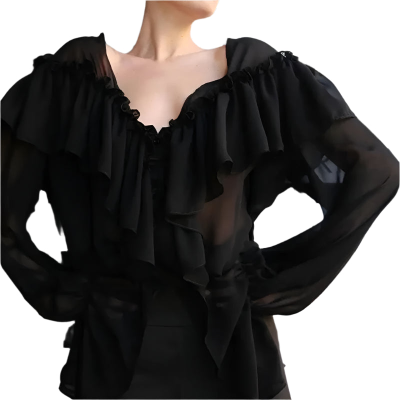 Chiffon Ruffle V-neck Lantern Sleeve See Through Blouse