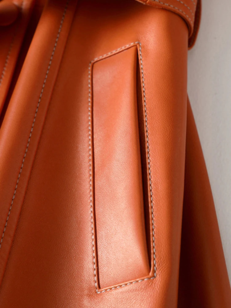 Deep V Neck Double Buttoned Soft Pu Leather Trench Coat - Bosom Blouse