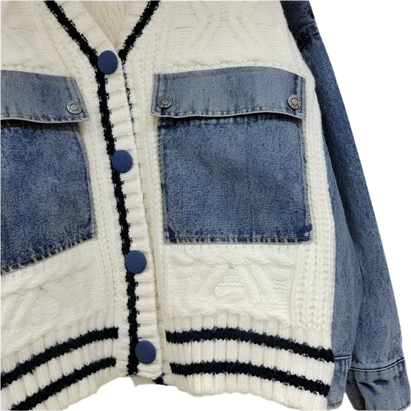 V Neck Denim Pockets Patchwork Knit Cardigan