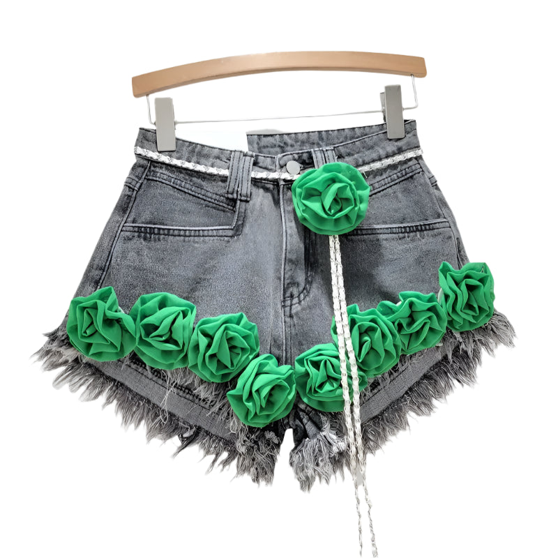 Colorful Flower Rough Edge Denim Shorts