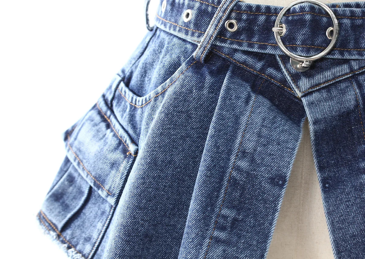 Black Blazer Blue Denim Waistband Overlay Skirt