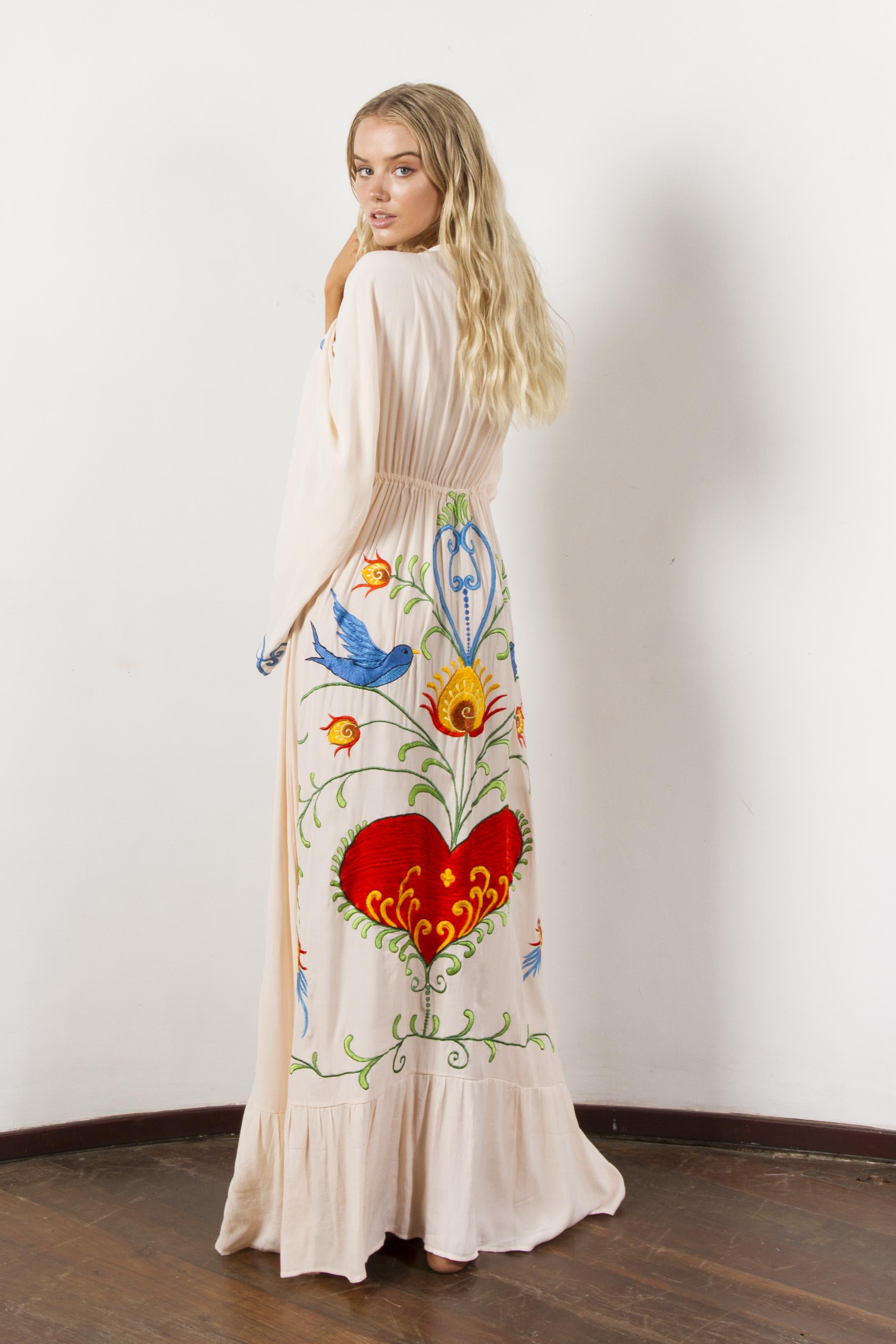 Embroidered Boho Maxi Dress Mystical White With Colorful