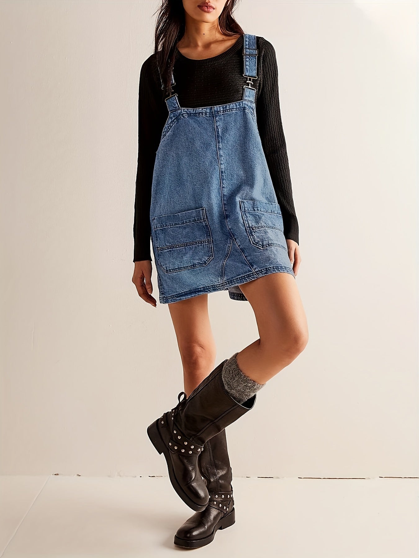 Denim Overalls Mini Jean Dress with Pockets