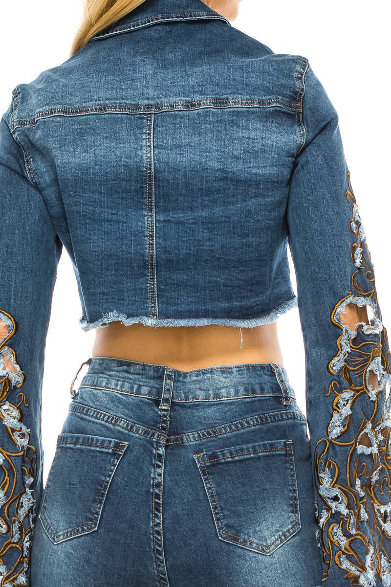 Denim Cropped Jacket Embroidered Bell Sleeve