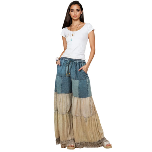 Preorder: Boho-Inspired Long Denim Pants with Solid Patches