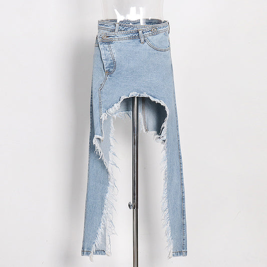 Women's Mid-length Irregular Split Frayed Denim Skirt