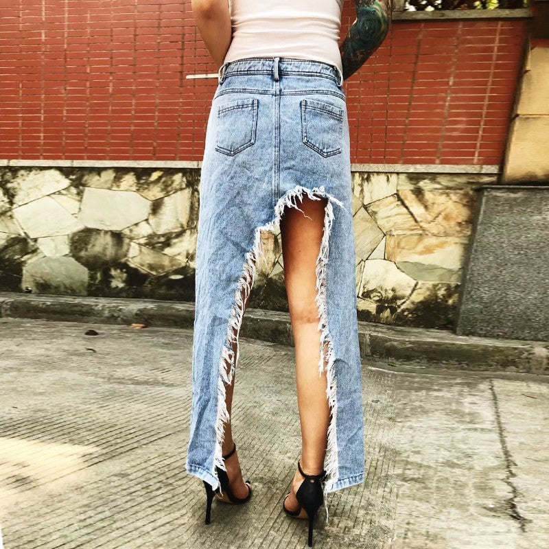 Women's Mid-length Irregular Split Frayed Denim Skirt