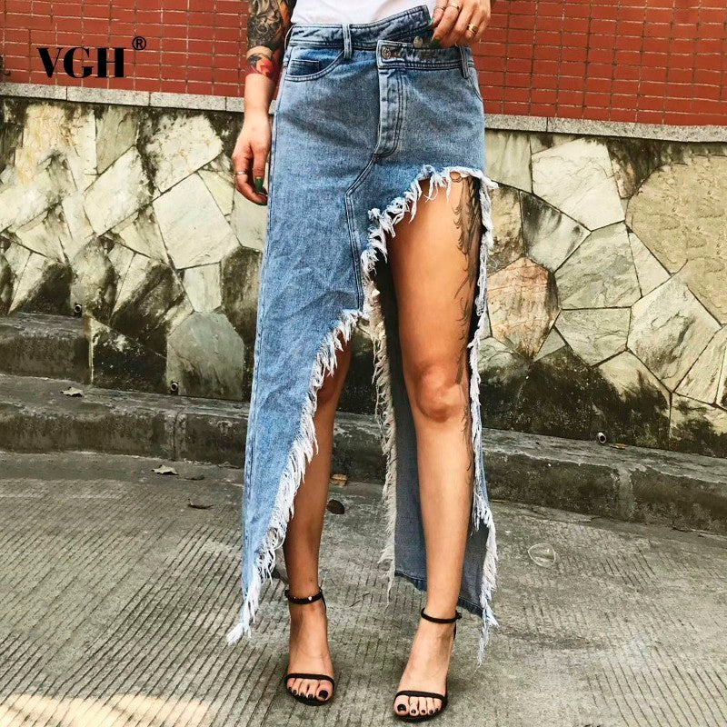 Women's Mid-length Irregular Split Frayed Denim Skirt