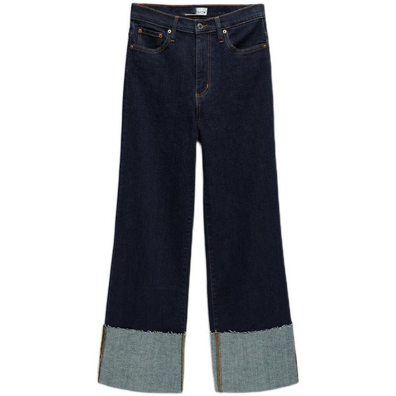 Casual High-rise Rolled-up Wide-leg Jeans