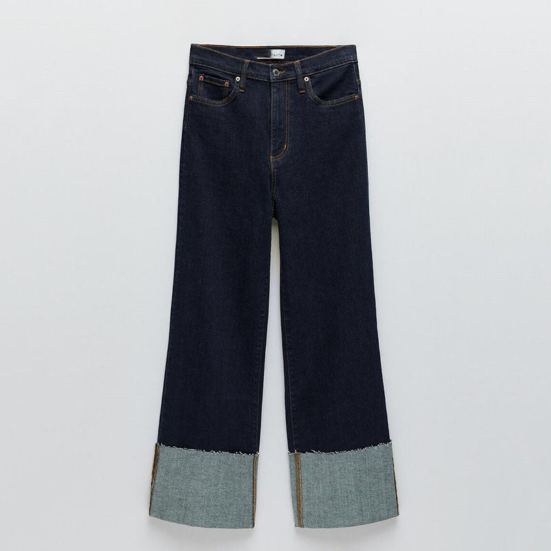 Casual High-rise Rolled-up Wide-leg Jeans