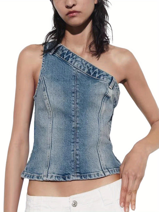 Denim Sleeveless One-shoulder Slim Fit Top