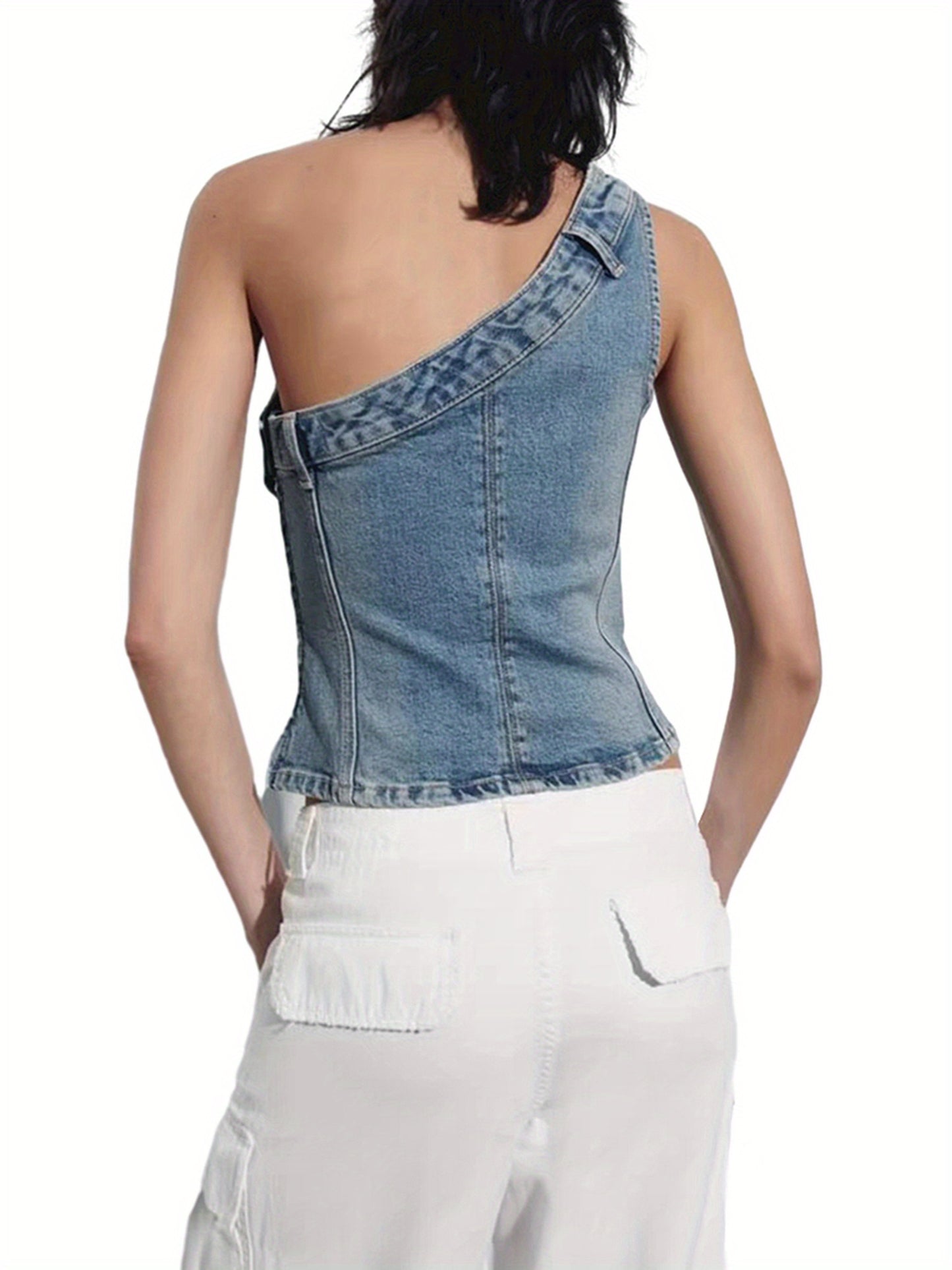 Denim Sleeveless One-shoulder Slim Fit Top