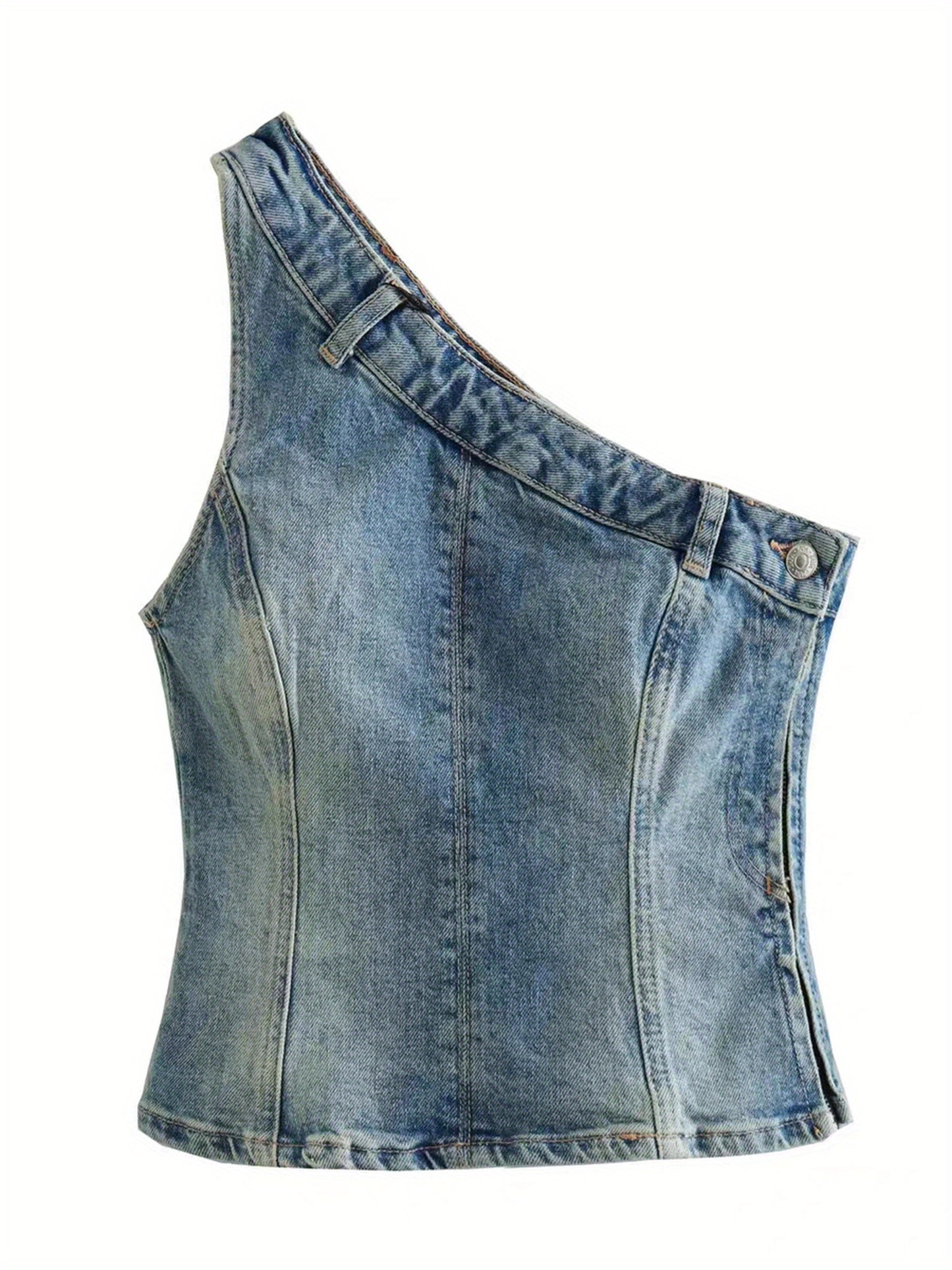 Denim Sleeveless One-shoulder Slim Fit Top