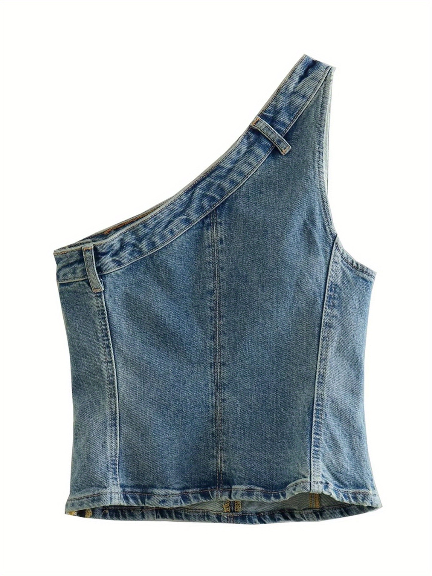 Denim Sleeveless One-shoulder Slim Fit Top