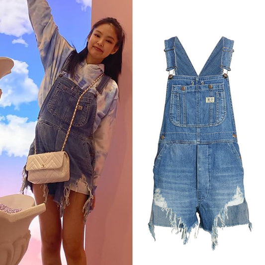 Ripped denim overalls