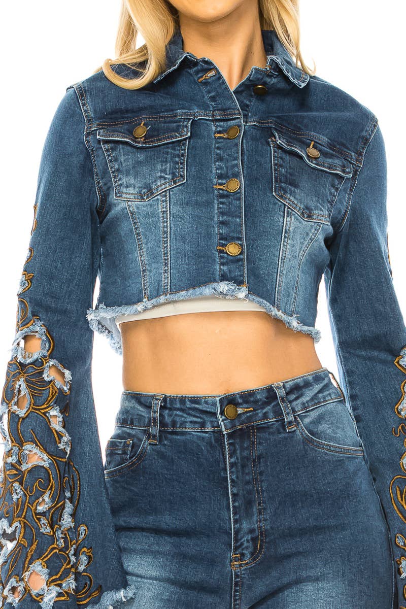 Denim Cropped Jacket Embroidered Bell Sleeve