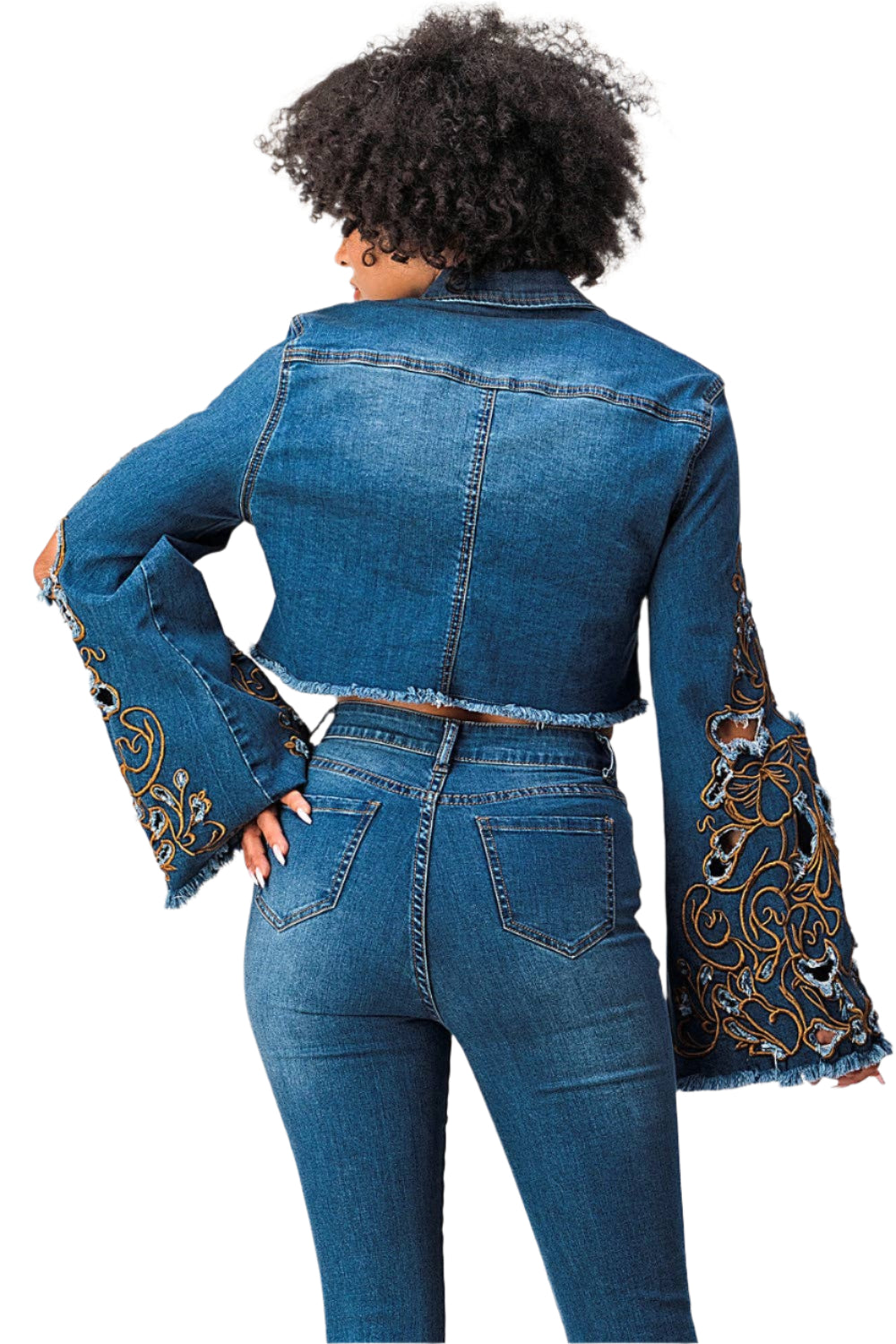 Denim Cropped Jacket Embroidered Bell Sleeve