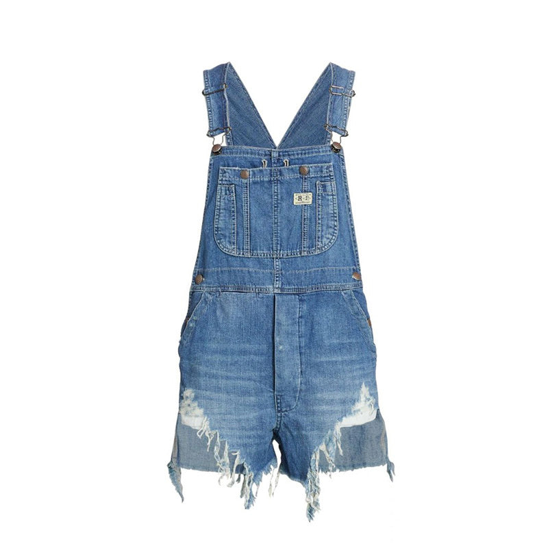 Ripped denim overalls