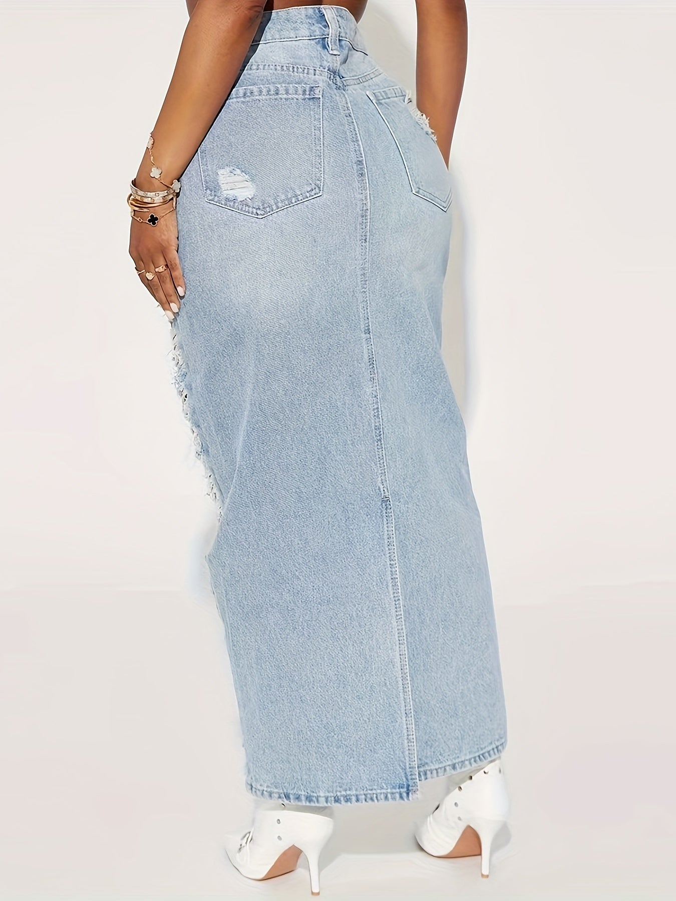 Ripped Denim with Front Slit Skirt