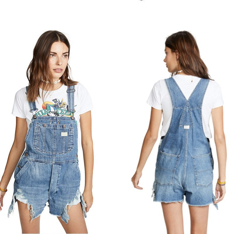 Ripped denim overalls