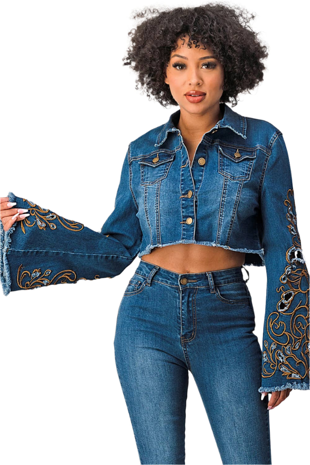 Denim Cropped Jacket Embroidered Bell Sleeve