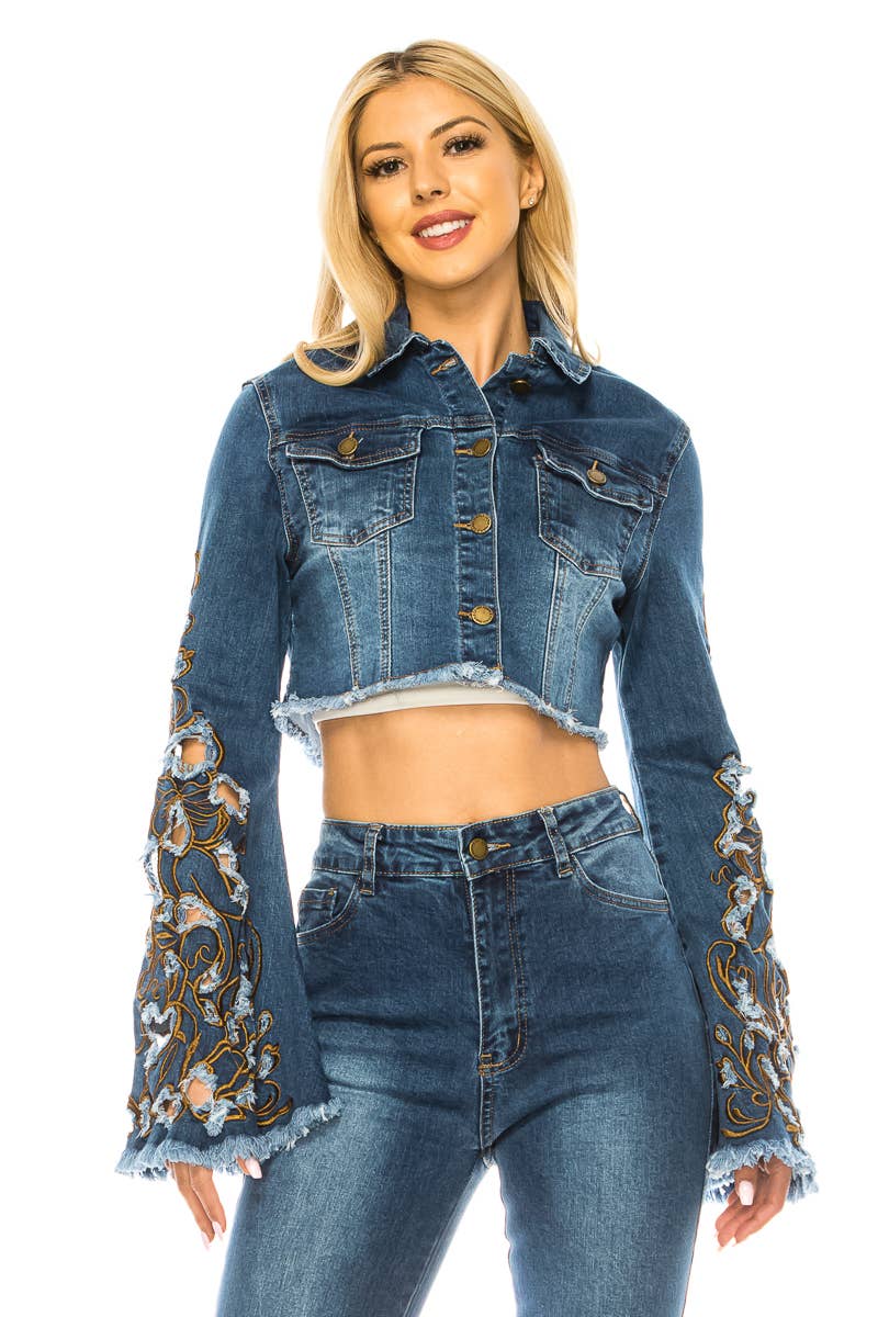 Denim Cropped Jacket Embroidered Bell Sleeve