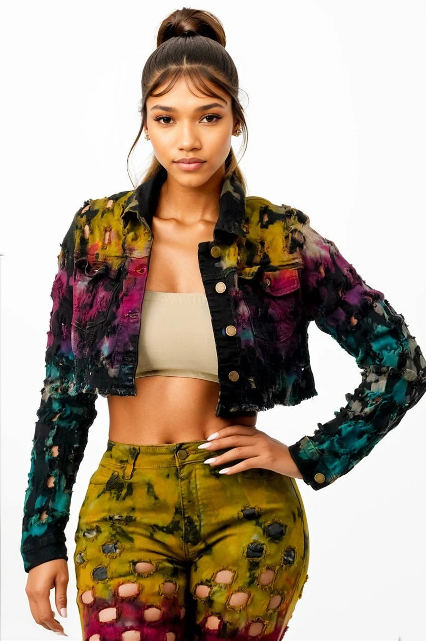 Tie Dye Cropped Denim Jacket with Coin Hole