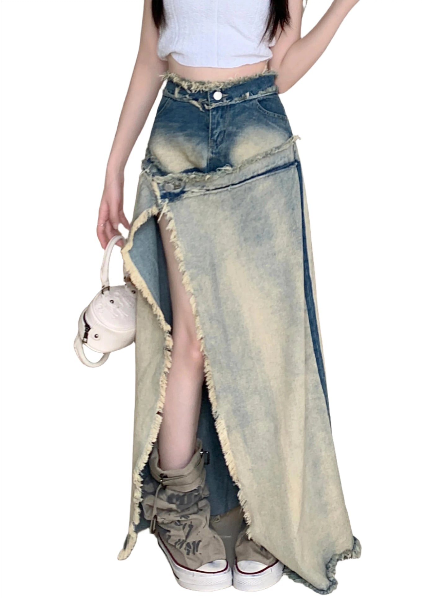 Denim Patchwork High Split A-line Skirt