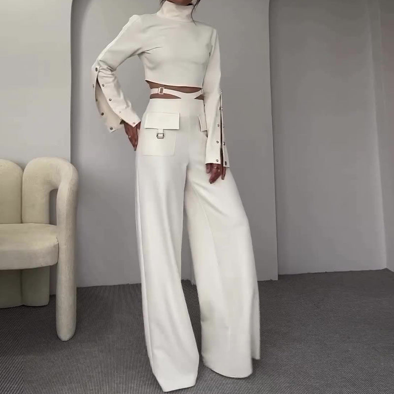 High Collar Midriff-Baring Wide Leg Pants Suit