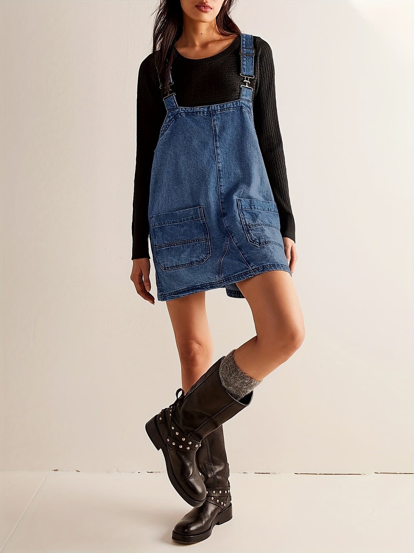 Denim Overalls Mini Jean Dress with Pockets