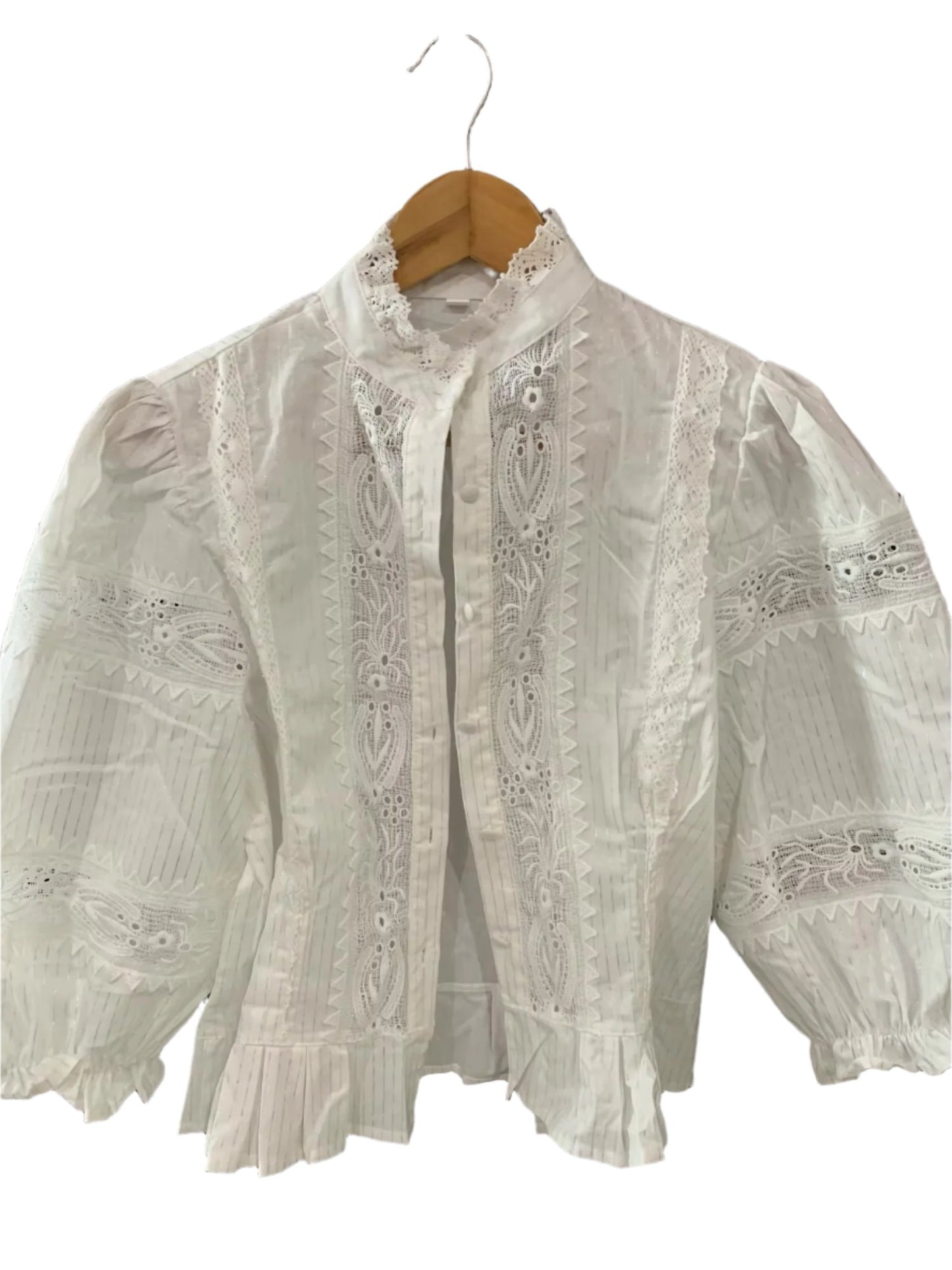 White Lace Cotton Floral Embroidery Puff Sleeve Blouse