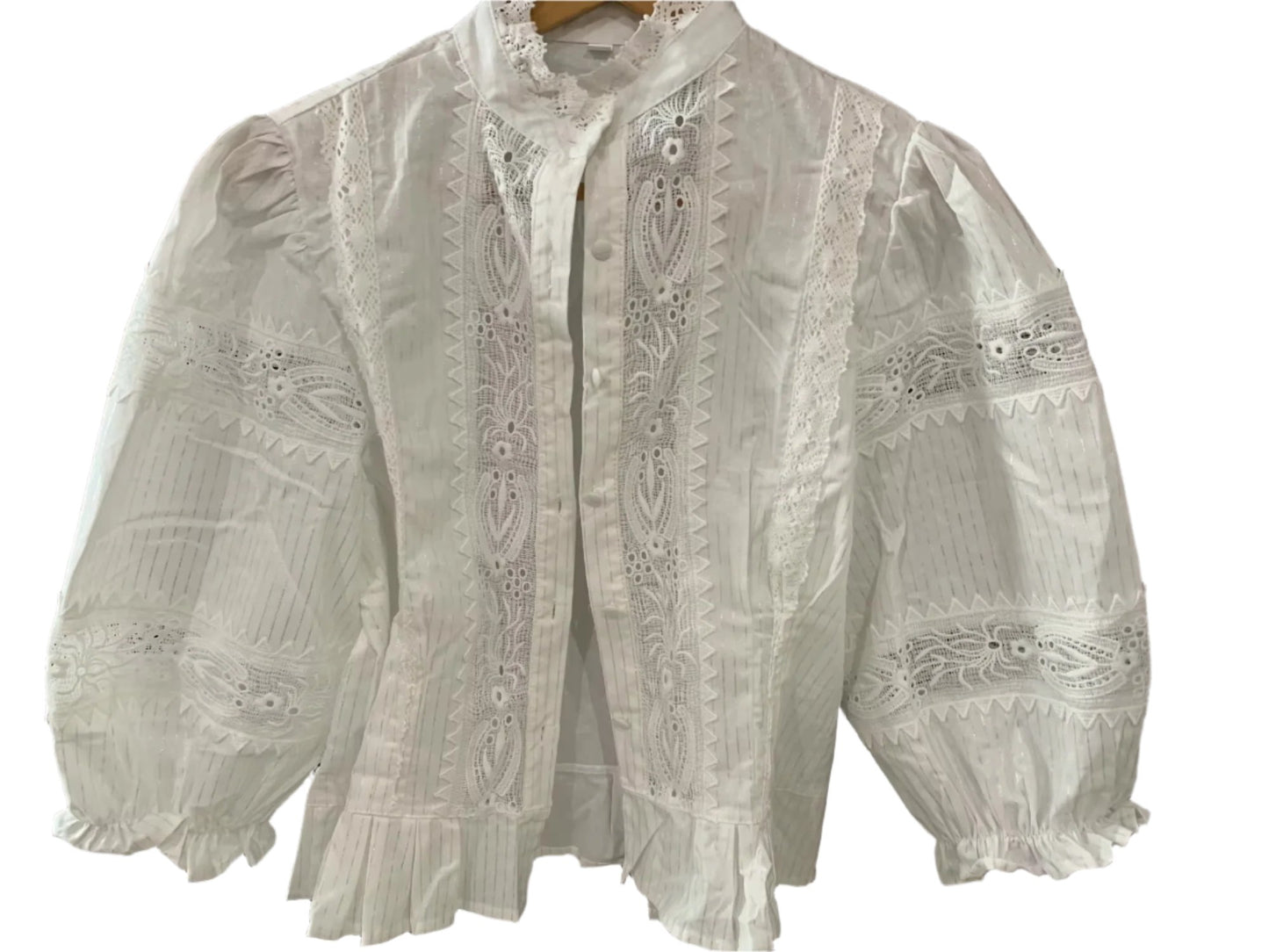 White Lace Cotton Floral Embroidery Puff Sleeve Blouse