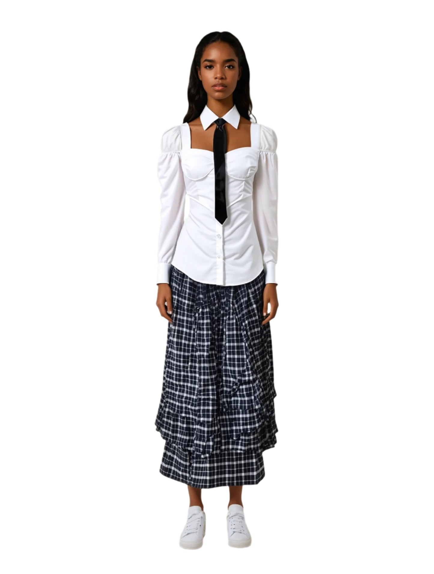 Long Maxi A-line Elastic Waist Plaid Vintage Blue Cotton Skirt