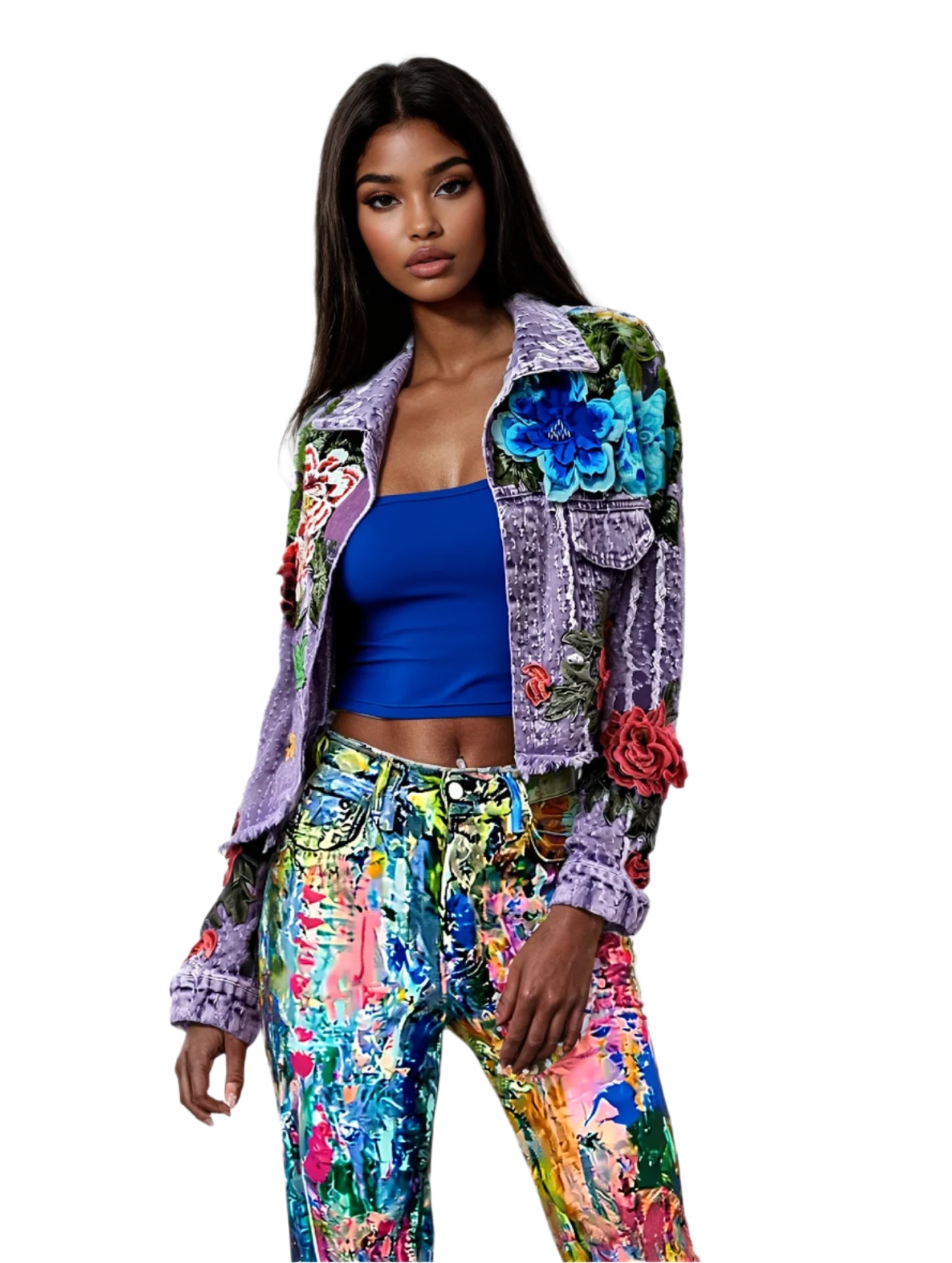 Embroidery Flowers Purple Frayed Denim Short Jeans Jacket