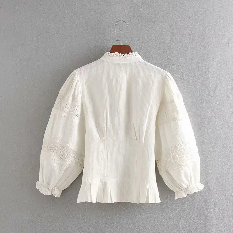 White Lace Cotton Floral Embroidery Puff Sleeve Blouse