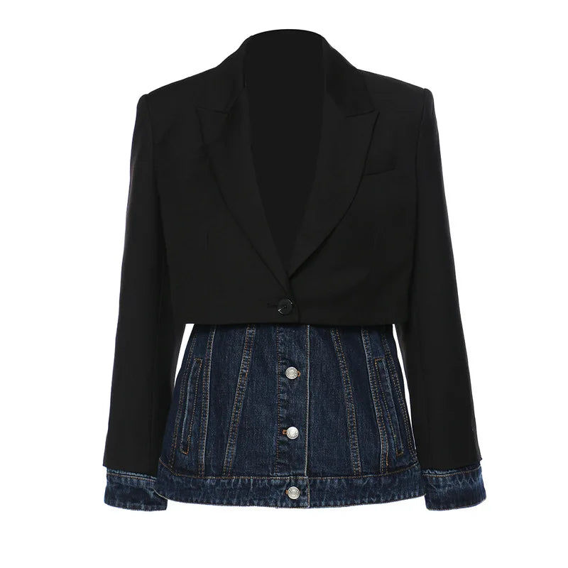 Denim Patchwork Fake Two Blazer