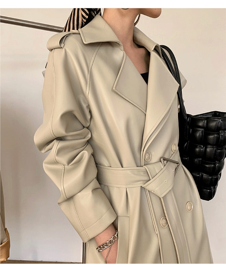 Double Buttoned Long Faux Leather Trench Coat