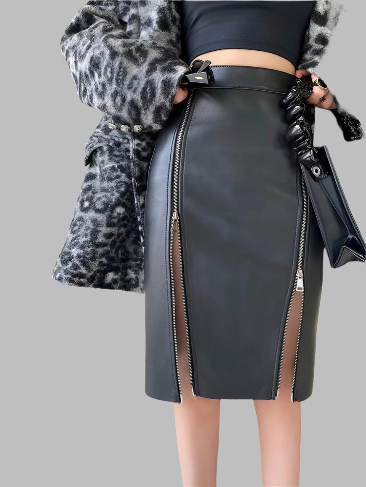 Soft Black Pu Leather Midi Double Slit Zipper Skirt