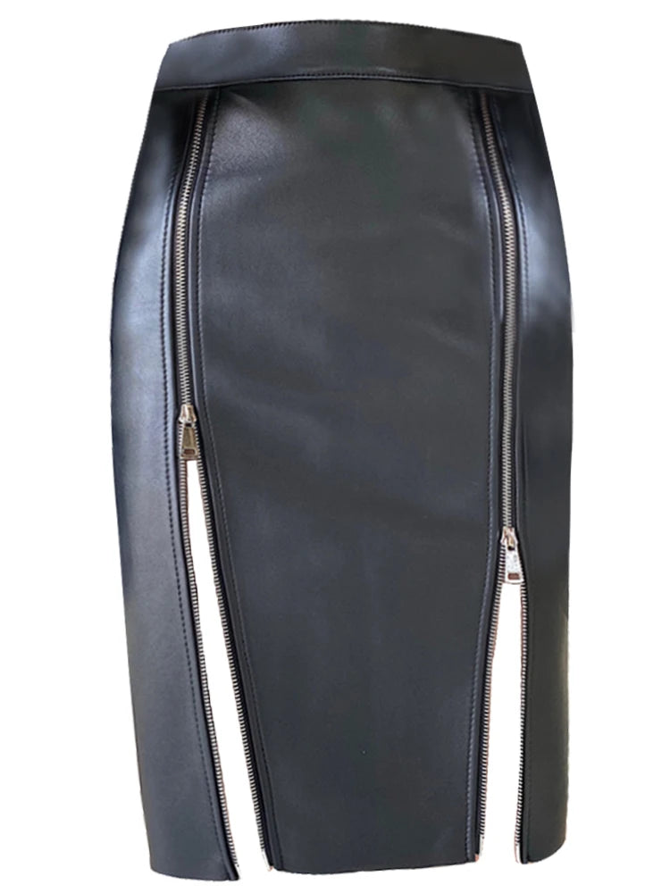 Soft Black Pu Leather Midi Double Slit Zipper Skirt