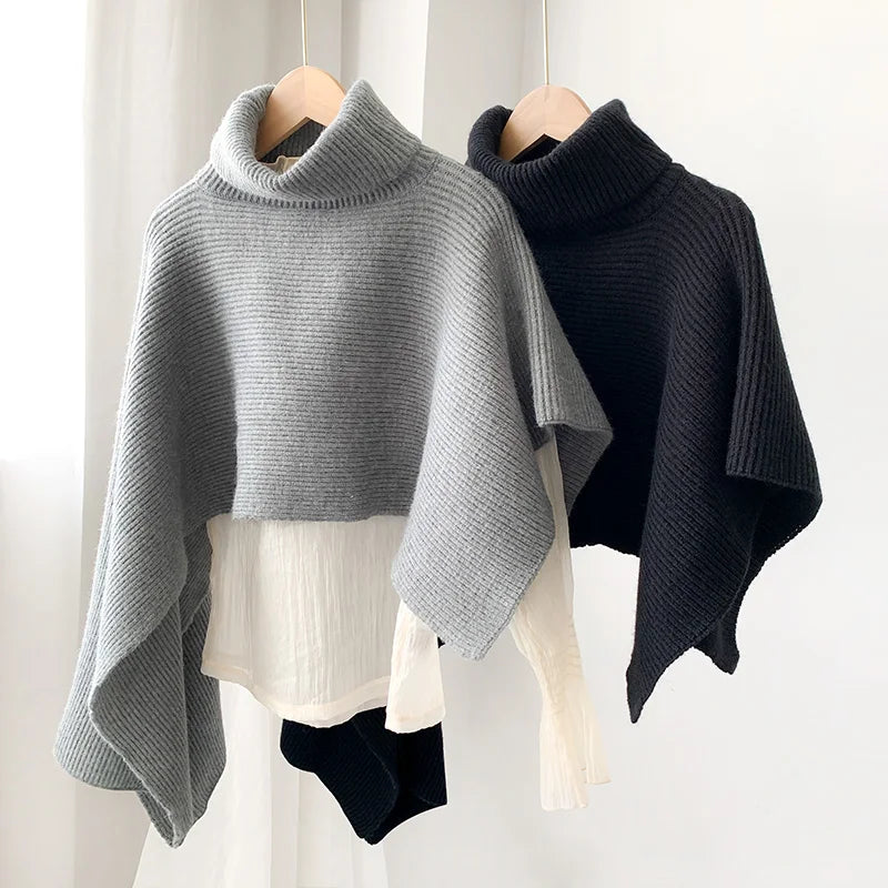 Turtleneck Pullover Irregular Knitted Cape