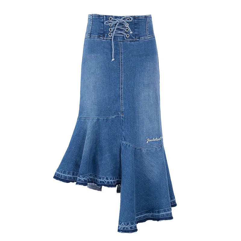 Denim Irregular High Waist Lace Up Skirt