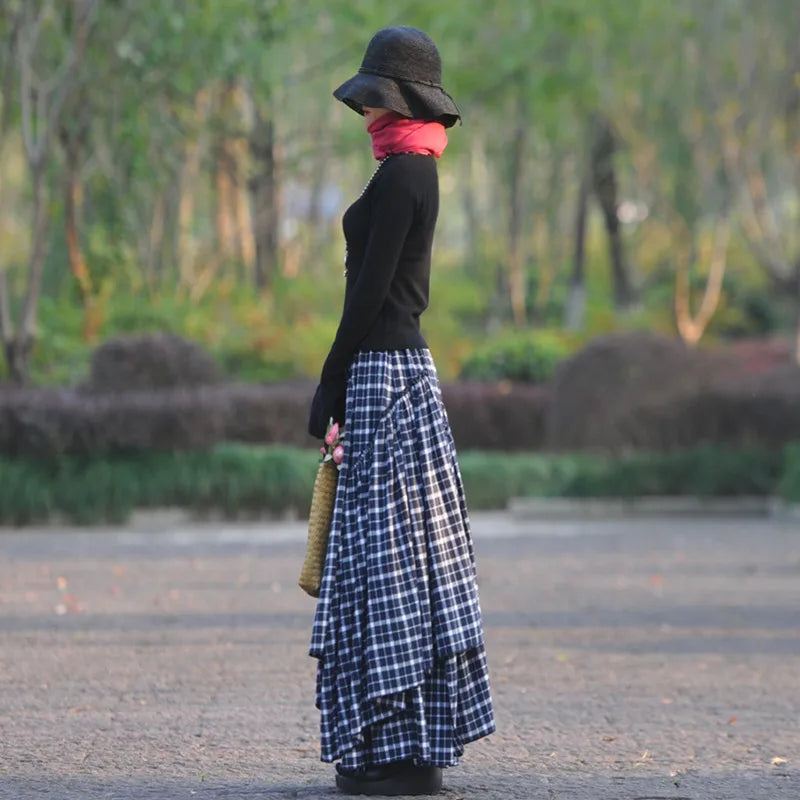 Long Maxi A-line Elastic Waist Plaid Vintage Blue Cotton Skirt